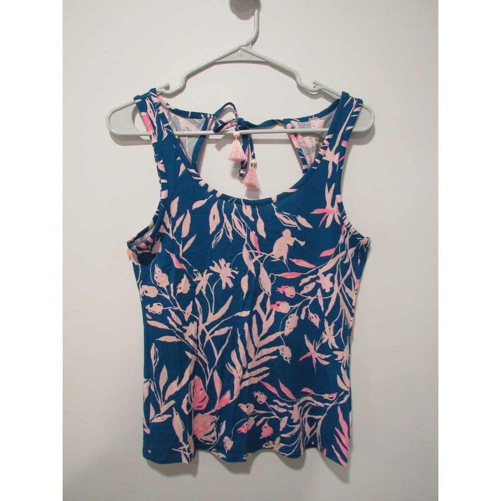 Lilly Pulitzer Blue Pink Floral Tassel Back Tank Top 30694 Womens Small